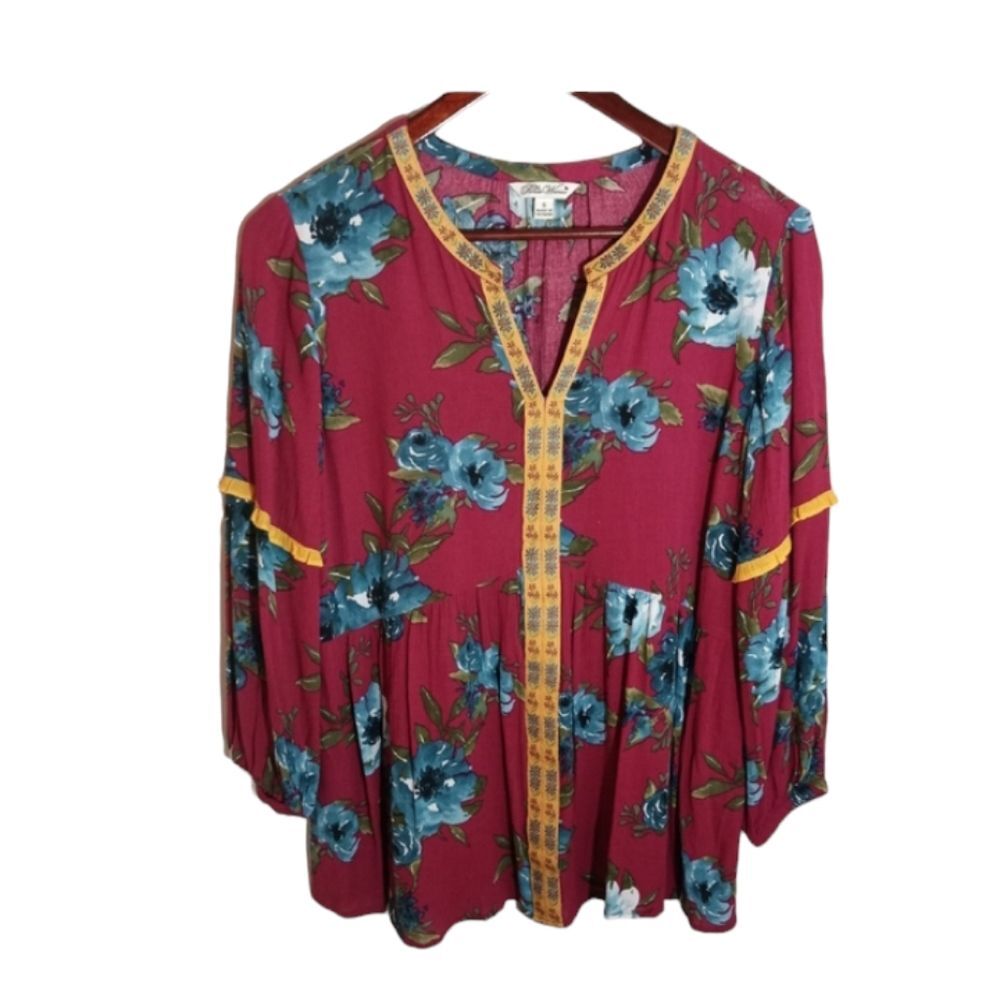 Beautiful Floral Pioneer Woman Boho V Neck Peasant Top Size S